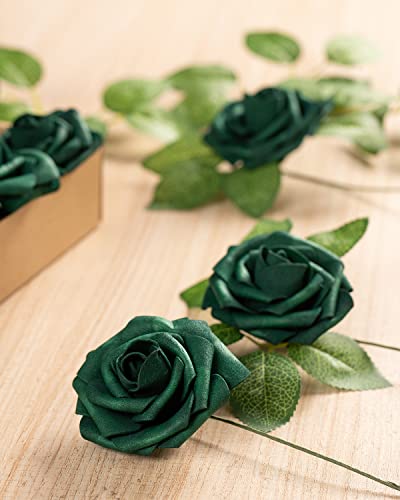 DuHouse 25Pcs Artificial Roses Flowers Fake Roses with Stems Real Touch Foam Flowers for DIY Wedding Bouquet Party Centerpiece Floral Arrangement Party Home Decor(Hunt Green) - color: Hunt Green, size: 25pcs