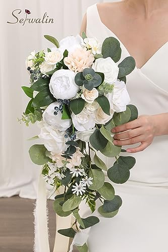 Serwalin 9.8 Inch Wedding Bouquets for Bride Bridesmaid, Forest White Peonies Bridal Bouquets for Bride, Wedding Flowers Bouquet Tossing Bouquet, Wedding Ceremony and Anniversary Day Decor - color: Bright Forest White