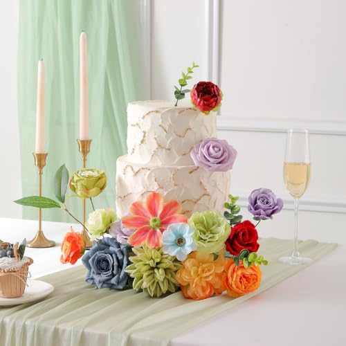 Garisey Artificial Flowers Combo, Mix Silk Flowers Roses, Peonies, Dahlias with Stems for DIY Wedding Bridal Bouquet, Baby Shower, Table Centerpiece, Home Decor, Fake Floral Arrangements-Rainbow Color - color: Rainbow Colorful