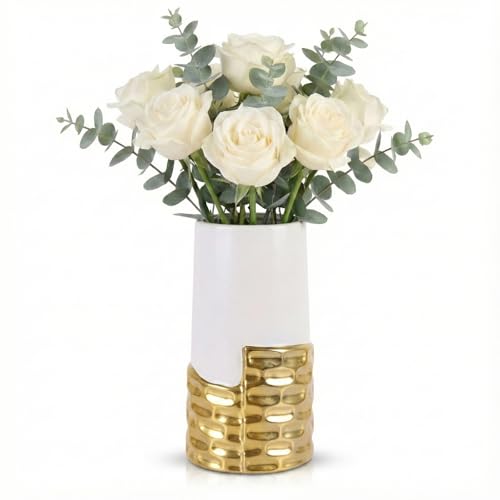 LCCCK 7.0" Gold Hammered Vase Home Decor, Elegant Ceramic White and Gold Flower Vase for Pampas Grass Decorative, Boho Small Cylinder Vases Centerpiece, Dining Table Living Room Jarrones Art - color: White and Gold
