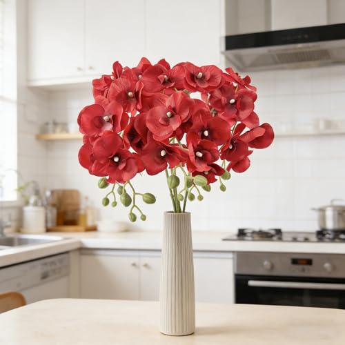 HCTCPALS Artificial Flowers for Outdoors 6 Pcs Orchids Plant Realistic Silk Fake Flowers for UV Resistant Faux Plants Outdoor Indoor Outside Front Porch Hanging Planter Decoration-38" Red - color: Orchid Red