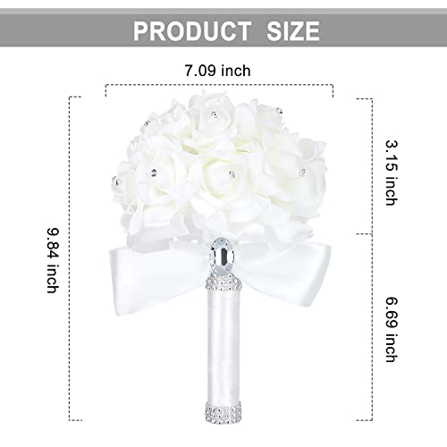 Wedding Bouquet Crystal Roses Bridesmaid Bouquet, Bridal Bouquet Artificial Flowers for Wedding, Party and Church (Ivory Ribbon) - color: Ivory-