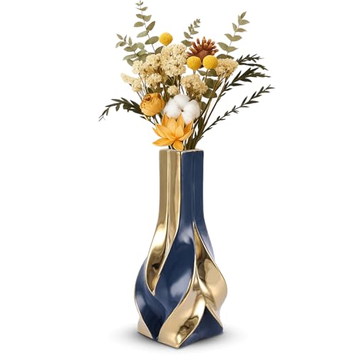 10.6" Blue and Gold Ceramic Vase, Modern Geometric Flower Vase for Dining Table Centerpiece, Elegant Decorative Vase for Pampas Grass, Living Room, Bedroom, Office, Tabletop Decoration - color: Blue Gold