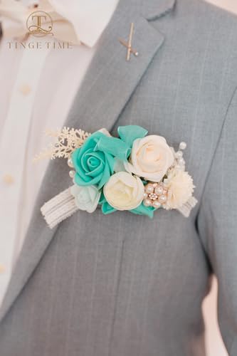 TINGE TIME Boutonniere for Men Wedding,Groom and Best Man Boutonniere for Wedding, Prom, Homecoming, Anniversary, Graduation, Christmas Dinner (1, Teal Blue & Champange) - color: Tb&cp
