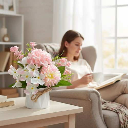 2 Potted Pink White Hydrangea Artificial Flowers Indoor Fake Plant Bathroom Accessories Decor，Faux Silk Flowers Arrangement in Vase Centerpieces for Tables Dresser Shelf Decor Aesthetic - color: Pink