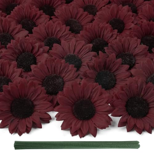Coferset 40pcs Fake Sunflower Heads with Stems, 4" Sunflower Artificial Silk Flower Heads for Crafts, Sunflower Decorations for Graduation Party Baby Shower Wedding Home Decor(Burgundy) - color: Burgundy-40pcs