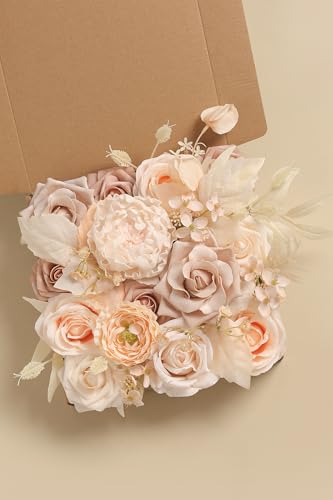 YYHUAWU Artificial Flowers Combo Set Fake Flower Leaf Box with Stems for DIY Wedding Bouquets Centerpieces Flower Arrangements Decorations Baby Shower Party Home Decorations - color: Gradient Champagne