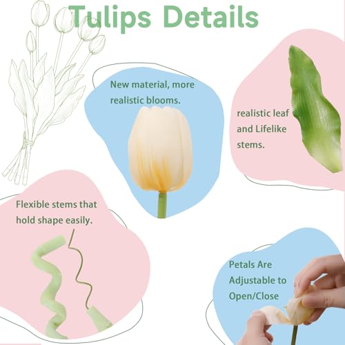 15 Pcs Off White Artificial Tulips Fake Flowers, Premium Latex Lifelike Texture, UV Resistant Waterproof Faux Tulip Bouquets with Snap-on Petals for Outdoor, Home, Wedding Decor - color: Cream