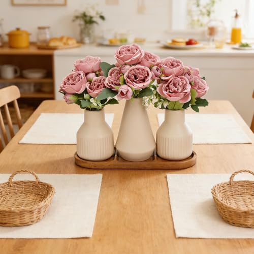 Flower Table Centerpiece - Dining Table Centerpiece Decor Set of 3 Fake Peonies in Ceramic Vases & Wood Tray Modern for Kitchen Island Living Room Coffee Table Home Decor (Dusty Pink) - color: Dusty Pink