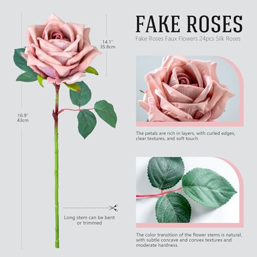 Ttranewsoo Fake Roses Faux Flowers Silk Roses 16.5In Artificial Roses with Stems Realistic Artificial Flowers Suitable for Indoor Home Decor DIY Bouquet Wedding Decor Party Decor 24PCS (Pink Purple) - color: Pink Purple 24pcs