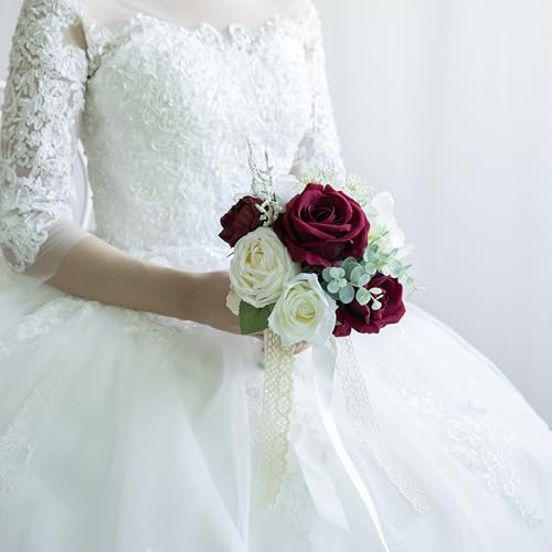 Wedding Bouquets for Bride Bridesmaid, Artificial Burgundy Champagne Bride Flower Bouquet for Wedding Church Decoration Ceremony, Anniversary, etc, Roses Flowers - color: Burgundy & Champagne