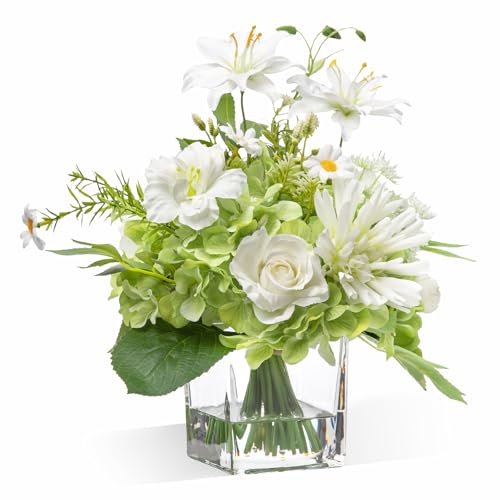 Artificial Flowers in Vase with Fake Water, 12.5" Realistic Silk Rose Peony Lily Faux Floral Arrangements with Glass Vase for Office Home Dinning Table Birthday Party Wedding Decor - White & Green - color: White & Green