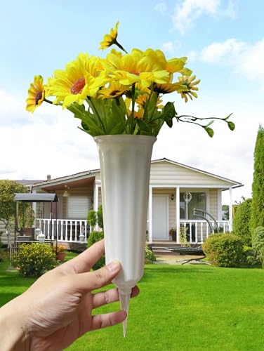 Memorial Floral Vases, Cemetery Vase, Headstones Flower Holder, Grave Cone Vase, Flower Pots for Outdoor Plants, Decorative Plastic Containers (Set of 6, White) - color: White