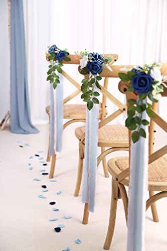 Wedding Aisle Decorations for Wedding Ceremony Set of 10 Pew Flowers for Church Chair Decorations Party Decor with Artificial Flowers Eucalyptus and Ribbons Blue - color: Blue