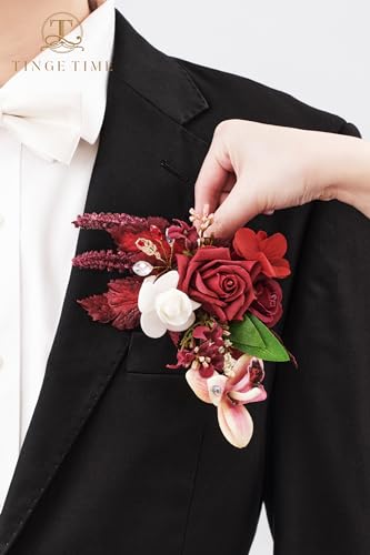 TINGE TIME Single Pocket Boutonniere for Man Groom, Best Man Boutonniere for Wedding, Prom, Homecoming, Anniversary, Graduation, Christmas Dinner(Burgundy) - color: Burgundy