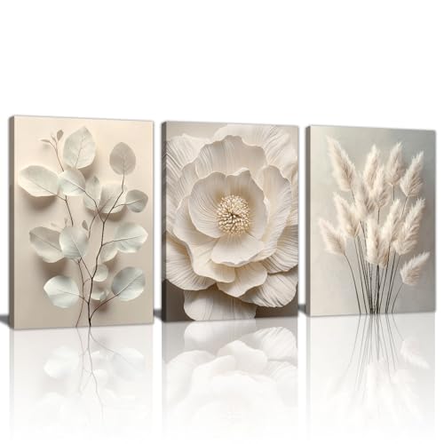 WENGTIAO 3Pcs Beige Floral Botanical Frame Canvas Wall Art, Neutral Textured Flower Plant Wall Painting Picture Wall Decor Vintage Blossom Prints for Bedroom Living Room Reay to Hang 16"x24"x3Pcs - color: Flower-White botanical, size: 16"x24"x3Pcs