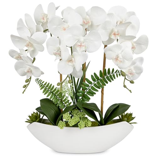 Briful Orchid Artificial Flowers 18in White Fake Orchid Silk Flowers with Ceramic Pot Faux Orchid Arrangement for Home Office Room Coffee Table Centerpiece Modern Decoration - color: White#1