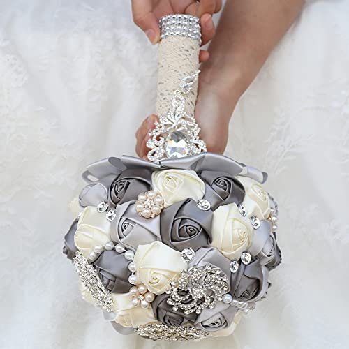 7.9 Inch Handmade Satin Rose Bridal Bouquet Toss Round Wedding Bouquet Throw Toss Artificial Flower Bunch Silver + Dark Grey + Ivory - color: W3217d04 Silver/Dark Grey/Ivory