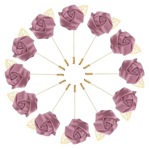 M METERXITY 12-Pack Flower Lapel Pins for Men, Golden Leaf Rose Boutonnieres Pin for Wedding/Dance/Party, Mens Lapel Pins for Suits Satin Flower Corsage Hat Pins [Red Bean Paste] - color: Red Bean Paste