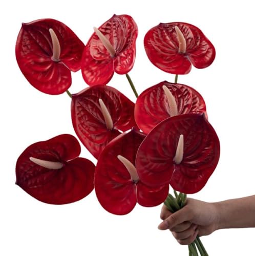 Corkwaw 8 Pcs 23-5/8 inch Artificial Anthurium Flowers Real Touch Fake Flower for Table Centerpieces Arrangement and Bridal Wedding Festival Decor Flower Arrangement (Red) - color: Red