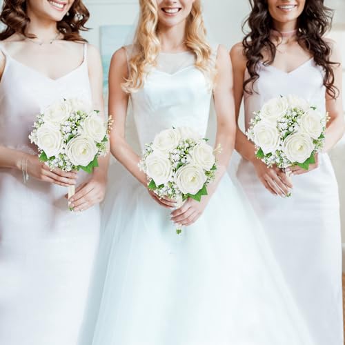 Artificial Bridesmaid Bouquets Set of 6-7 Inch Bridesmaid Bouquets Ivory White Rose Babys Breath Pre-Made Silk Flower Bouquet for Wedding Bridal Shower Centerpiece Ceremony and Anniversary - color: Ivory, size: Set of 6 Bridesmaid Bouquets