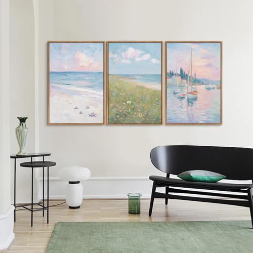 Rantodecor Impressionist Framed Canvas Wall Art, Vintage Italy Coastal Sailboat Wall Decor, Light Blue and White Posters Art Prints, Pastel Beach House Artwork for Bedroom Living Room Office 16"x24"x3 - color: Impressionist, size: 24"x16"