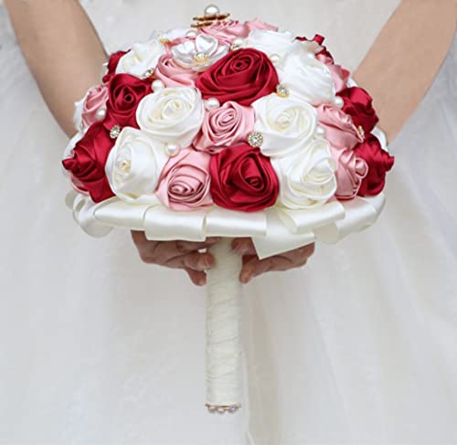 Bridal Wedding Bouquet with Rhinestone Brooch Pearl for Bride Bridesmaid Wedding Quinceanera Satin Rose Flower Bouquet Burgundy and Blush Pink Ivory 6.3in - color: Burgundy Blush & Ivory 1, size: Small (DIA. 6.3"/16cm)