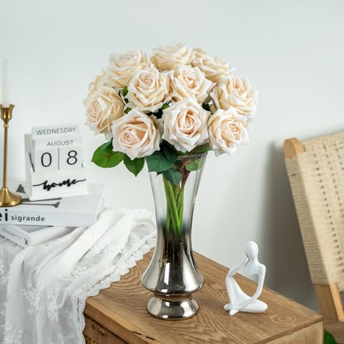 Ttranewsoo Fake Roses Faux Flowers 12PCS Silk Roses Artificial Roses with Stems Realistic Artificial Flowers Suitable for Indoor Home Decoration DIY Bouquet Wedding Decor Party Decor 16.5In (White) - color: White 12pcs