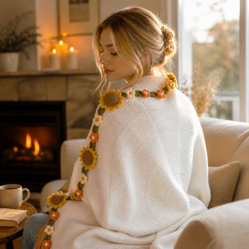 Crochet Flower Bouquet Throw Blanket, Cute Romantic Gift for Her Girlfriend Mom Mother’s Day Valentine Wedding Anniversary Birthday (White Sunflower, 32 inches) - color: White Sunflower, size: 32 inches