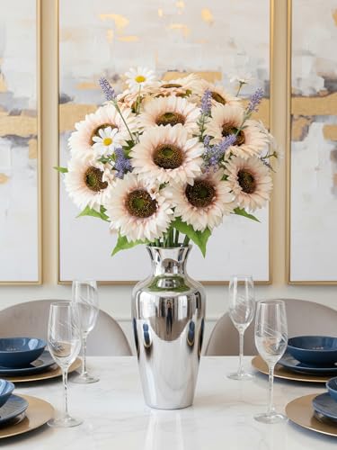 12Pcs 25.6" Artificial Sunflowers Long Stem Artificial Flowers for Tall Vase 5.9" White Fake Sunflowers Bouquet Spring Summer Flower Arrangements for Table Centerpieces Home Wedding Party Decor