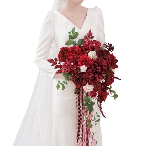 TINGE TIME 15 Inch Artificial Wedding Bouquets for Bride, Cascading Bouquet Wedding Bride Holding Flowers for Wedding Ceremony Anniversary, Bridal Shower and Party (Burgundy Red) - color: Burgundy Red