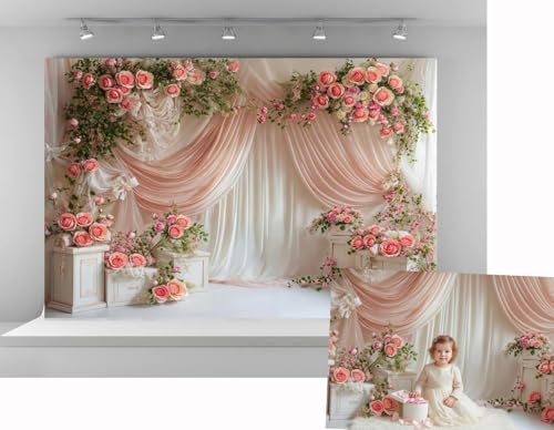 Kate 7x5ft Baby Shower Backdrop Curtain Pink Floral Decor for Ceremony Photography Background Romantic Bridal Shower Party Photo Booth Props with Rose Garland Drapes - size: 7x5ft