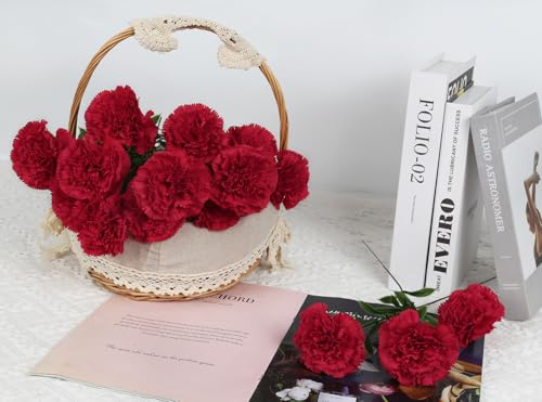 16PCS Red Carnations Artificial Flowers 14.8'' Fake Carnation Silk Flowers with Single Stem Faux Carnations Flowers for Home Table Centerpiece Wedding Decorations Floral Arrangements (Red) - color: Red