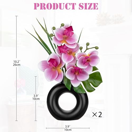 Briful 2PCS Pink Orchid Artificial Flowers in Black Ceramic Pot Silk Orchid Floral Arrangement Fake Orchid Plant for Home Office Dining Room Shelf Table Centerpiece Modern Decor - color: Pink