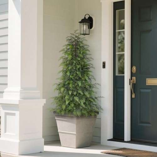 4FT Soft Textured Cedar Topiary Trees for Front Porch Decor, Artificial Shrubs Faux Plants Potted UV Resistant Fake Greenery for Outdoor Indoor Door Garden Farmhouse Home Decoration (Set of 2) - size: 4FT