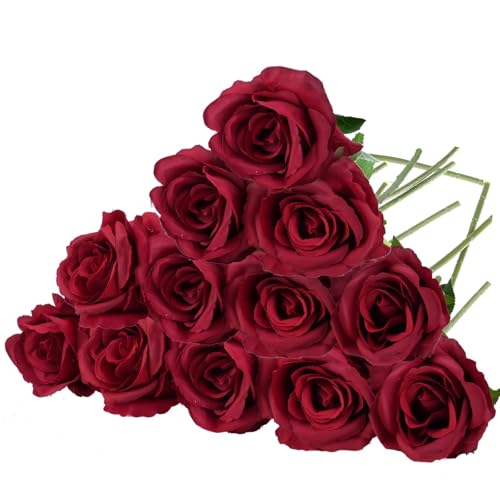 Felice Arts 12 Pack Red Roses Artificial Flowers Fake Roses with Stems Wine Red Silk Rose Bouquet for Party Home Wedding Valentines Mother's Day Bridal Vase Table DIY Decor - color: Wine