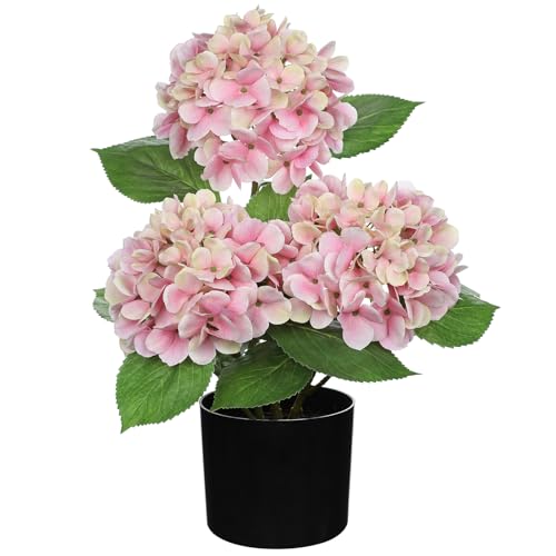 Hollyone Pink Hydrangea Artificial Flowers in Pot Large Silk Hydrangeas Flowers Fake Flowers Arrangements for Indoor Home Office Kitchen Table Centerpieces Wedding Decorations - color: Pink, size: 3 Head Hydrangea