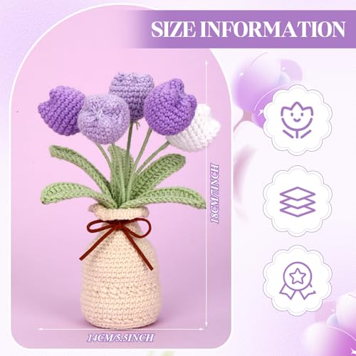 Marsui Crochet Knitting Tulip Bouquet with Vase 7" Knitted Artificial Forever Tulip Handmade Woven Flower with Exquisite Pot Gift for Father's Gifts Back to School Gift Family Home Desk Decor(Purple) - color: Purple, style: Tulip