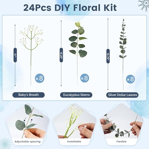 Der Rose 24Pcs Mixed Eucalyptus Stems&Babys Breath Artificial Flowers Bulk, Fake Flowers DIY Kit with Silver Dollar Leaves, Artificial Greenery Stems for Home Table Centerpieces Wedding Bouquets Decor - size: 24-Mixed Eucalyptus Stems