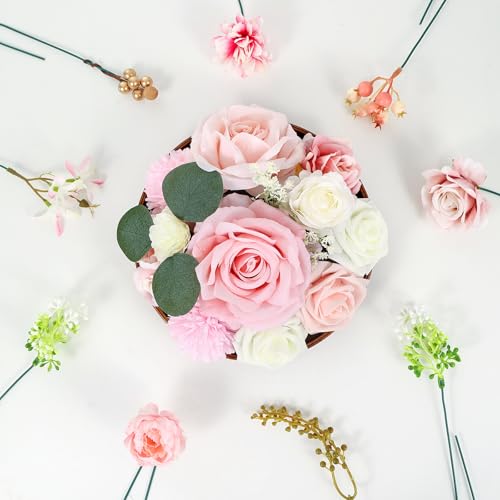 Artificial Flowers Combo Box Set Pink Roses Floral Fake Flowers Realistic Touch Flowers with Stems for Wedding Bouquets Table Centerpieces Home Decor - color: Pink Roses