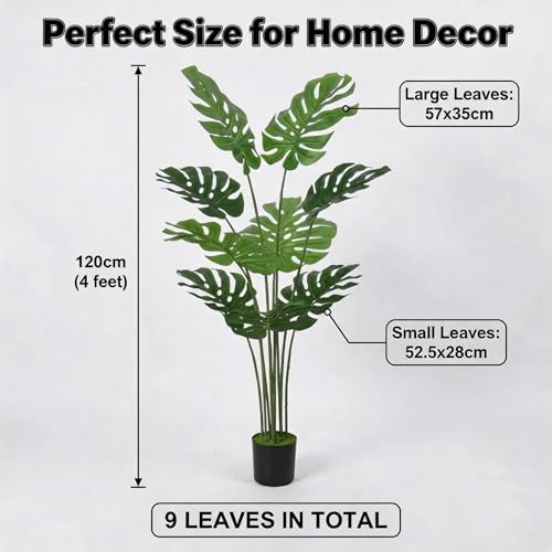 Artificial Bird of Paradise Plant Fake Tropical Palm Tree for Indoor Outdoor, Perfect Faux Plants for Home Garden Office Store Decoration (Monstera 120) | Artificial 120cm Swiss cheese plant for Home Garden Office Store Decoration UV protected maintenance