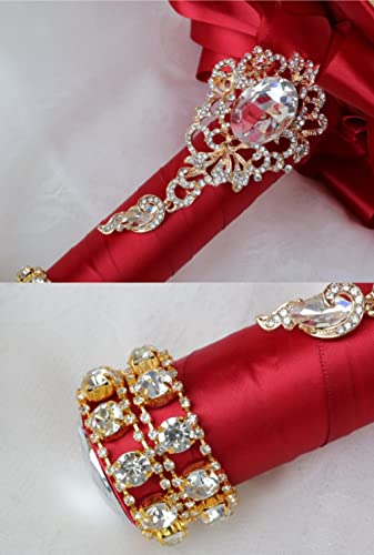 Burgundy Bridal Wedding Bouquet Luxury Gold Rhinestone Brooch Bouquet for Bride Bridesmaid Quinceanera Artificial Satin Rose Flower Bouquet Wedding Burgundy 9.5in - color: Burgundy, size: Diameter: 9.5 inches