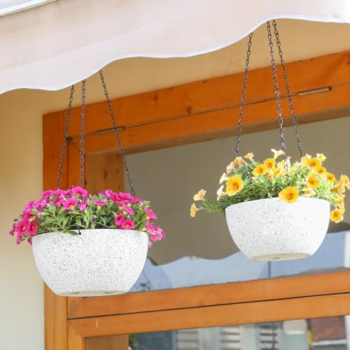 T4U 10 Inch Hanging Planters for Indoor Outdoor Plants - 2 Pack Plastic Hanging Flower Plant Pot with Drainage Hole, Round Hanging Plant Basket for Home Garden Porch Balcony Patio Decor (White) - color: White, size: 10 In
