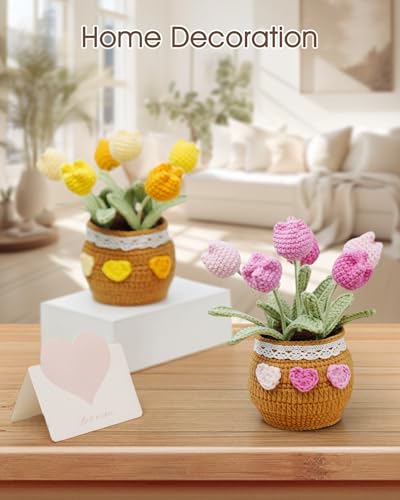 Thank You Gifts for Teachers Crochet Tulips Flower Pot - Handmade Large Crochet Flowers for Women, Graduation End of Year Appreciation Gifts, Positive Tulip Flower Gift for Boss Manager, Pink - color: Pink