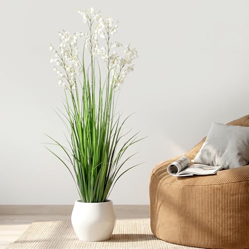 Ttranewsoo Artificial Tall Grass Plants with Pots 47“ 1 Pack Lily of The Valley Artificial Grass Home Interior Decorating and Outdoor Garden Decorations（White） - color: White-1pcs