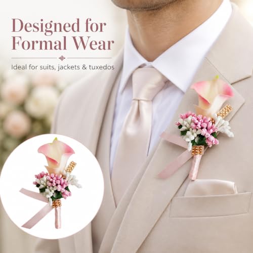 ChezMax Calla Lily Pink Boutonniere Handmade Silk Flower with Ribbon Corsage for Bride Groom Wedding Party 6 Packs - color: B-pink Boutonniere-6 Pcs