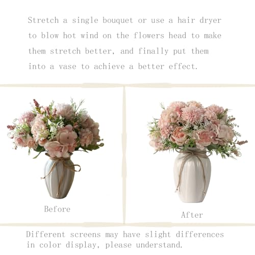 Peonies Artificial Flowers in Vase, Fake Hydrangea Silk Peony Flower Bouquet with Vase Faux Flowers Arrangement Decor Home Table Dining Room (Pink) - color: Pink