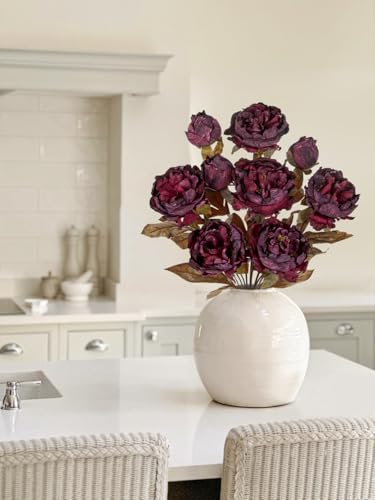 Briful Artificial Dried Look Fall Peony Flowers 3PCS 27.5in Tall Dark Purple Vintage Silk Peony Bouquet Realistic Fake Peonies Floral Stems for Autumn Home Wedding Vase Centerpieces Arrangements Decor - color: Dark Purple