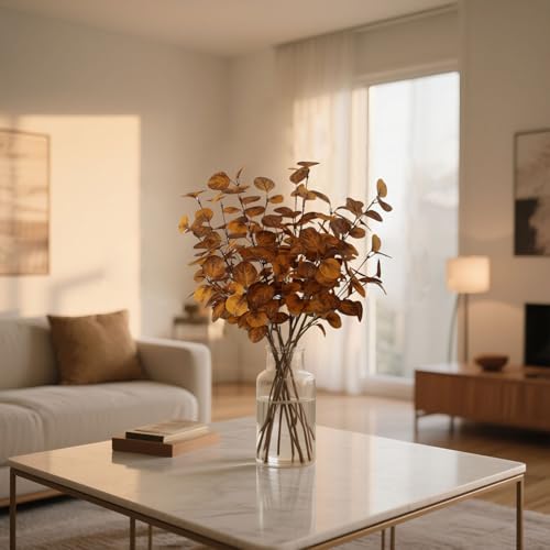 4PCS 23.62" Autumn Brown Metallic Artificial Eucalyptus Stems Real Faux Eucalyptus Leaves for Fall Home Decor, Thanksgiving Centerpiece Christmas Living Room Vase Decoration - color: Autumn Brown