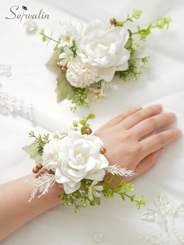 Serwalin 2 PCS Wrist Corsage,Ivory White 6-7 Inch Corsages for Wedding,Prom Ceremony Anniversary - color: Ivory White, size: Corsage-2pcs